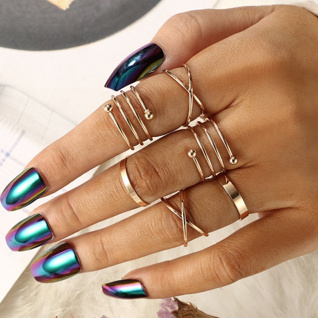 Bohemian Geometric Rings Sets Crystal Star Moon Flower Butterfly Constellation Knuckle Finger Ring Set For Women Fashion Jewelry