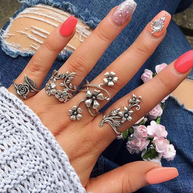 Bohemian Geometric Rings Sets Crystal Star Moon Flower Butterfly Constellation Knuckle Finger Ring Set For Women Fashion Jewelry