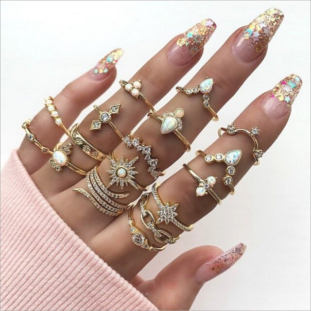 Bohemian Geometric Rings Sets Crystal Star Moon Flower Butterfly Constellation Knuckle Finger Ring Set For Women Fashion Jewelry