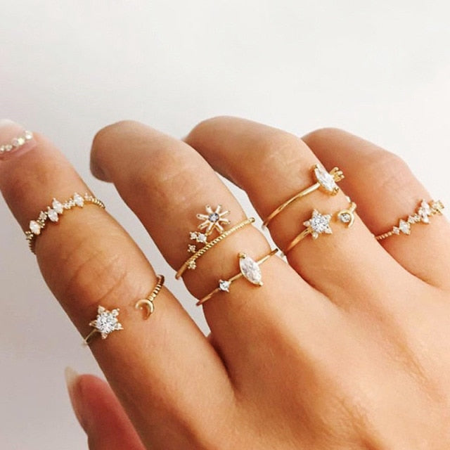 Bohemian Geometric Rings Sets Crystal Star Moon Flower Butterfly Constellation Knuckle Finger Ring Set For Women Fashion Jewelry