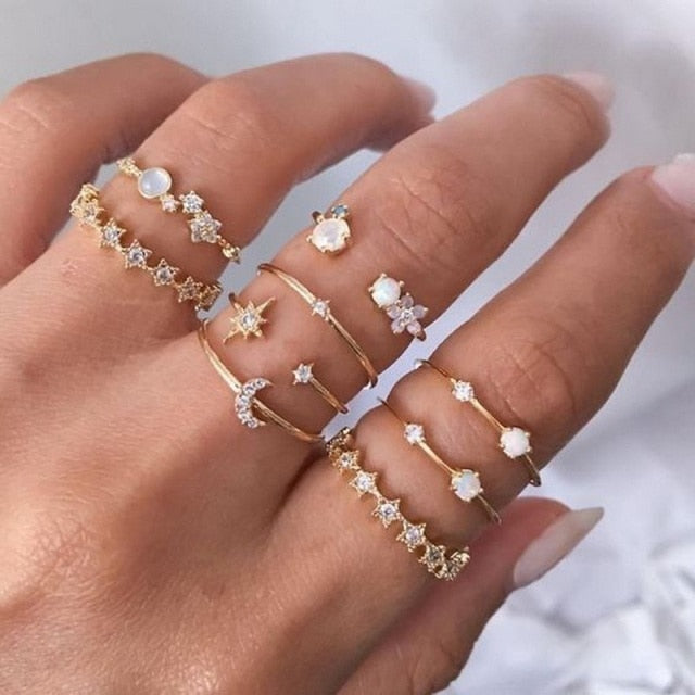 Bohemian Geometric Rings Sets Crystal Star Moon Flower Butterfly Constellation Knuckle Finger Ring Set For Women Fashion Jewelry