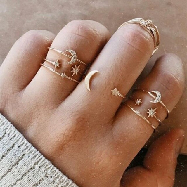 Bohemian Geometric Rings Sets Crystal Star Moon Flower Butterfly Constellation Knuckle Finger Ring Set For Women Fashion Jewelry