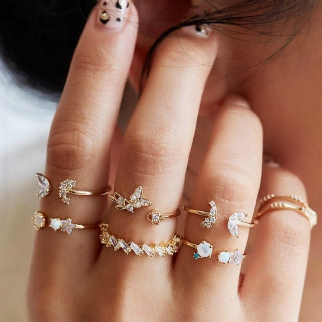 Bohemian Geometric Rings Sets Crystal Star Moon Flower Butterfly Constellation Knuckle Finger Ring Set For Women Fashion Jewelry