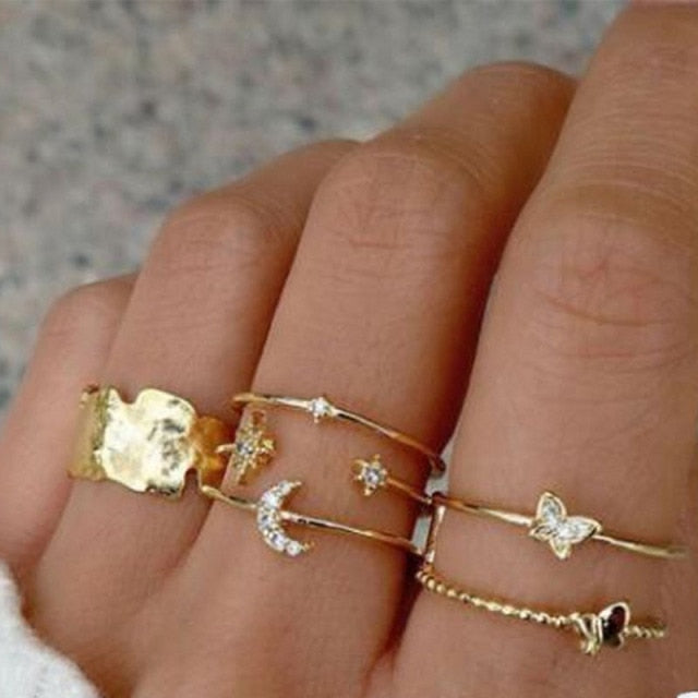 Bohemian Geometric Rings Sets Crystal Star Moon Flower Butterfly Constellation Knuckle Finger Ring Set For Women Fashion Jewelry