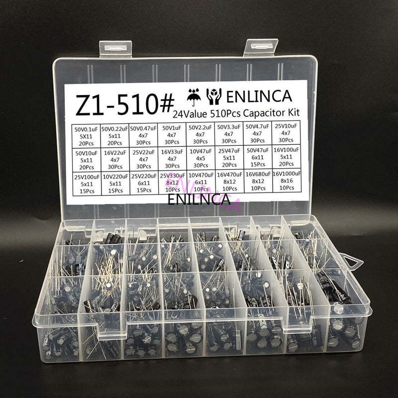 510Pcs/lot 0.1UF-1000UF 24Values Aluminum Electrolytic Capacitors 16-50V mix Electrolytic capacitor Assorted kit and storage box