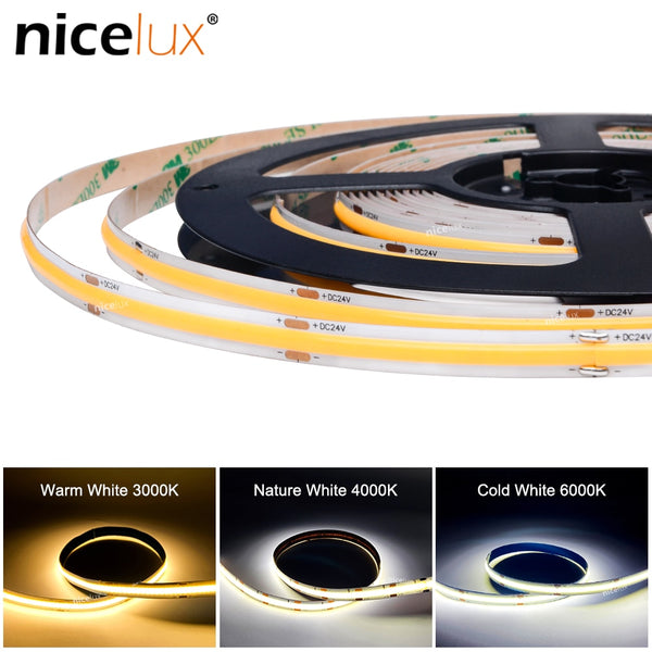 Flexible COB LED Strip Light 12V 24V 8mm 480 Chips/M  High Density Tape Ribbon RA80 2700 3000K 4000K 6000K Linear Dimmable FOB