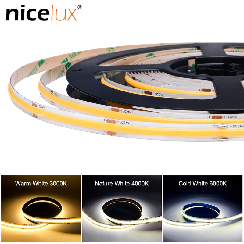Flexible COB LED Strip Light 12V 24V 8mm 480 Chips/M  High Density Tape Ribbon RA80 2700 3000K 4000K 6000K Linear Dimmable FOB