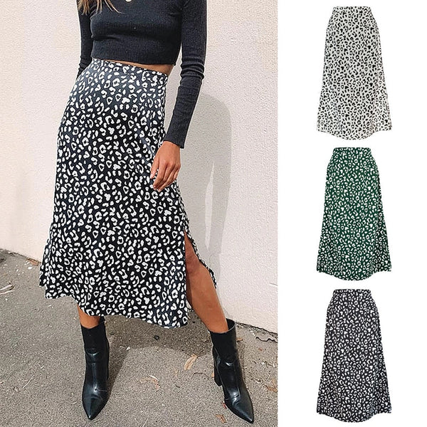 2021 New Sexy Leopard Print Chiffon Split Skirt Casual Fashion Long Skirts for Women Spring Summer Zip Elegant Female Skirt