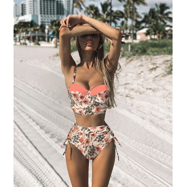 High Waist Bikini Set 2021 mujer Push Up Bandage Bikini Swimwear Women Floral Two Pieces Swimsuit Strappy biquinitraje de baño