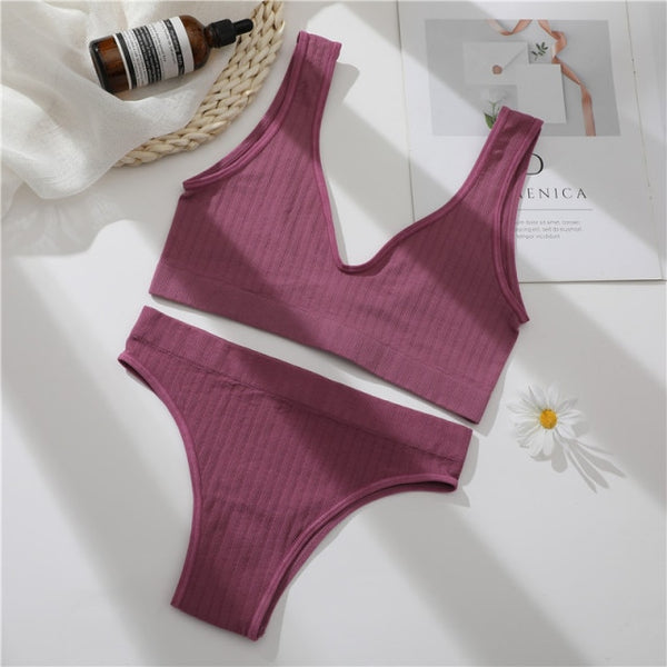 FINETOO Seamless Women Seamless Bra Lingerie Set Sexy Cropped Top Push Up Short Top+Thong Fitness Brassiere Suits Underwear Sets