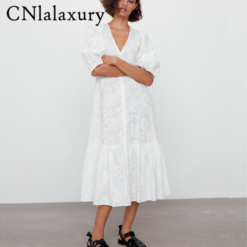 Women Vintage White Embroidery Hollow Out Summer Dress Short Sleeve Loose V NecK Party Midi Dresses Vestidos Mujer Robe Femme