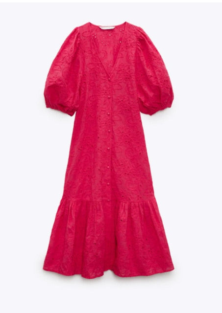 Women Vintage White Embroidery Hollow Out Summer Dress Short Sleeve Loose V NecK Party Midi Dresses Vestidos Mujer Robe Femme