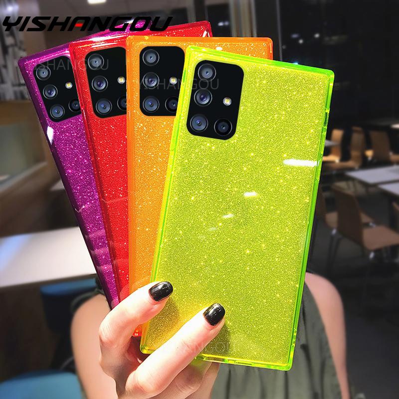 Square Fluorescent Glitter Phone Case For Samsung S20 FE Plus Note 20 Ultra S10 A71 A51 A50 A70 S21 Ultra FE A52 A72 Soft Cover