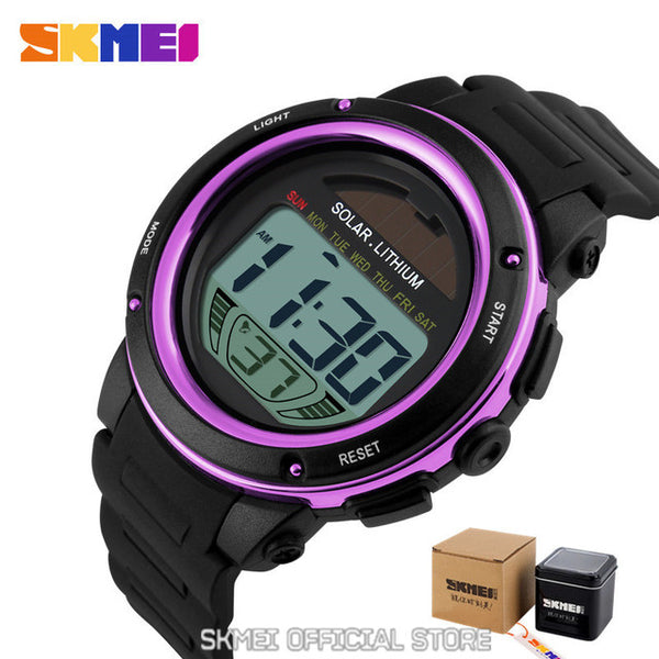 SKMEI Outdoor Sport Watch Men Solar PU Strap Wristwatches Mens Chronograph Alarm 5Bar Waterproof Digital Watch reloj hombre 1096