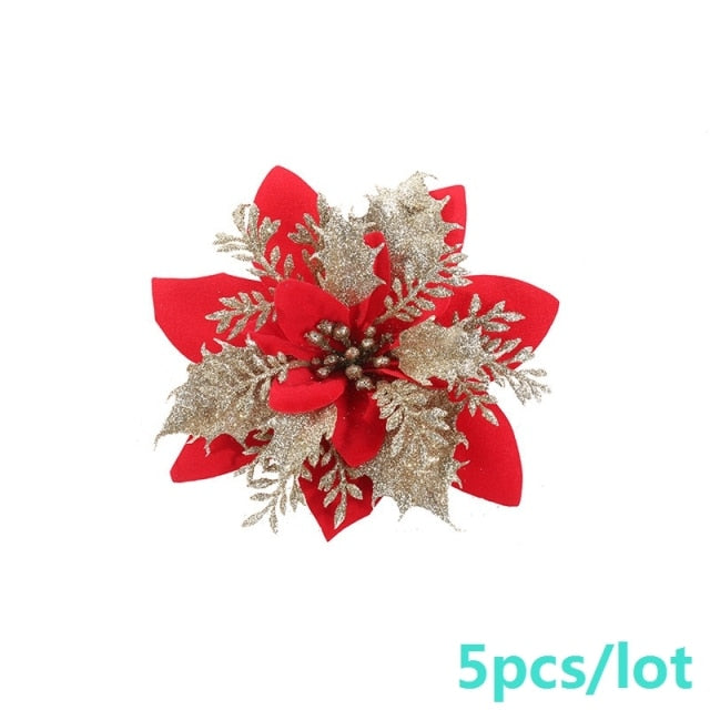 5pcs Artificial Christmas Flowers Glitter Fake Flowers Merry Christmas Tree Decoration Home DIY Xmas Gifts Ornament Navidad 2021