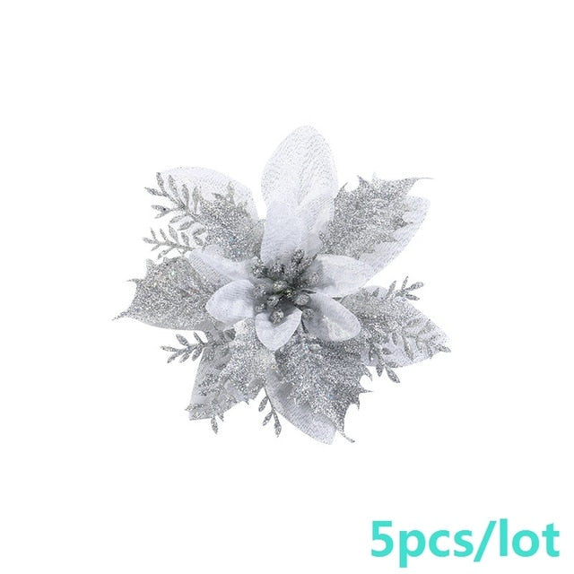 5pcs Artificial Christmas Flowers Glitter Fake Flowers Merry Christmas Tree Decoration Home DIY Xmas Gifts Ornament Navidad 2021
