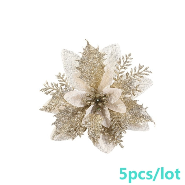 5pcs Artificial Christmas Flowers Glitter Fake Flowers Merry Christmas Tree Decoration Home DIY Xmas Gifts Ornament Navidad 2021