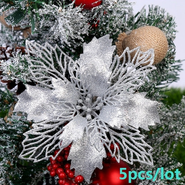 5pcs Artificial Christmas Flowers Glitter Fake Flowers Merry Christmas Tree Decoration Home DIY Xmas Gifts Ornament Navidad 2021