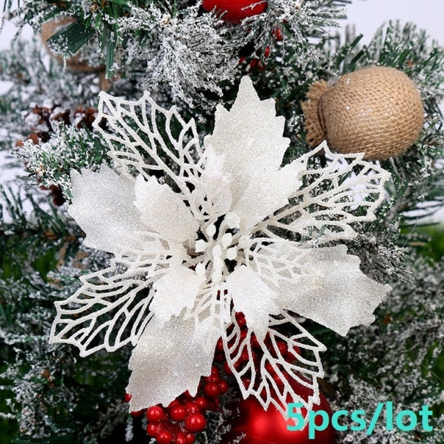 5pcs Artificial Christmas Flowers Glitter Fake Flowers Merry Christmas Tree Decoration Home DIY Xmas Gifts Ornament Navidad 2021