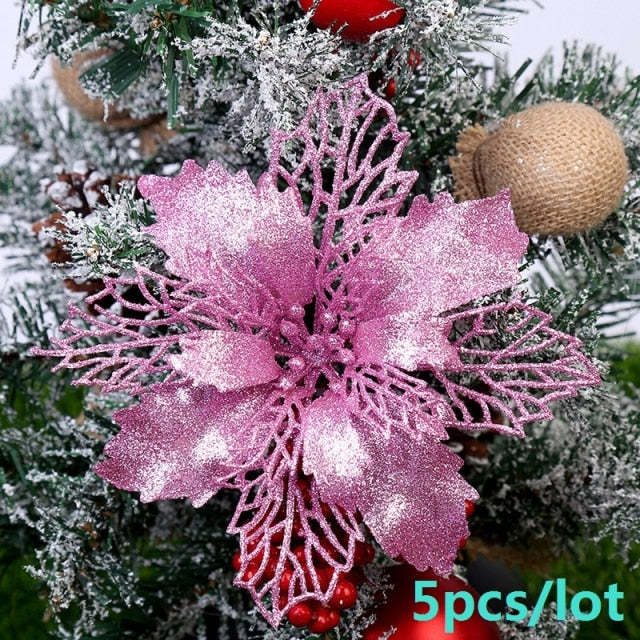 5pcs Artificial Christmas Flowers Glitter Fake Flowers Merry Christmas Tree Decoration Home DIY Xmas Gifts Ornament Navidad 2021