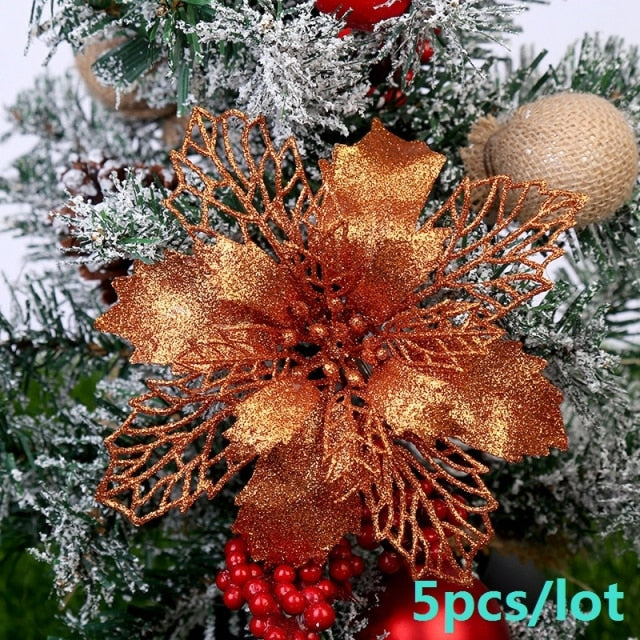 5pcs Artificial Christmas Flowers Glitter Fake Flowers Merry Christmas Tree Decoration Home DIY Xmas Gifts Ornament Navidad 2021