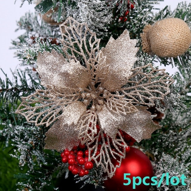 5pcs Artificial Christmas Flowers Glitter Fake Flowers Merry Christmas Tree Decoration Home DIY Xmas Gifts Ornament Navidad 2021