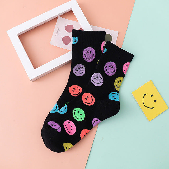 Dreamlikelin Spring Autumn Woman Funny Cotton Socks Smiley Print Korean Style Kawaii Smile Face Socks