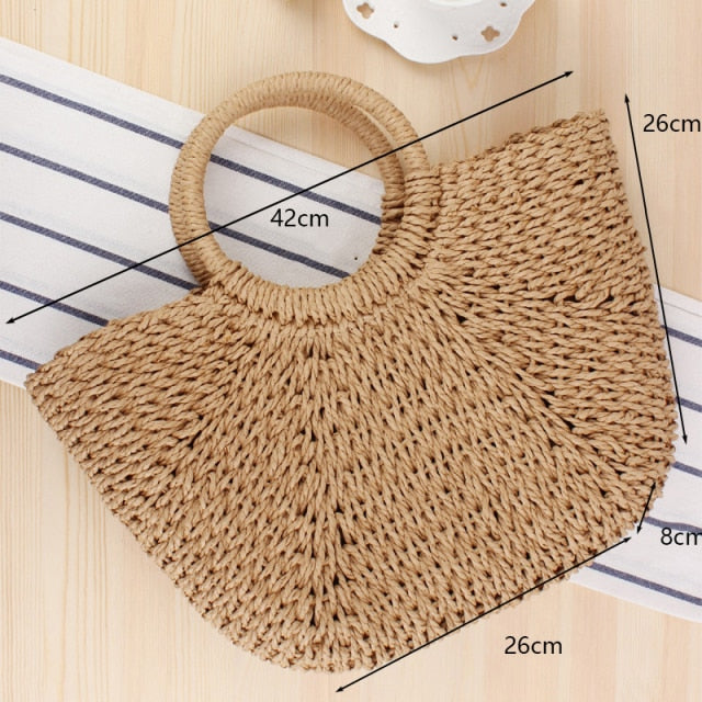 Round Straw Beach Bag Vintage Handmade Woven Shoulder Bag Raffia circle Rattan bags Bohemian Summer Vacation Casual Bags