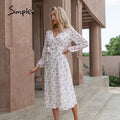 Simplee Elegant Green Leaf Print Dress Sexy Spring Long-sleeved V-neck Women Dresses 2021 Office Wrap Lace-up A-line Vestidos