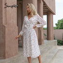 Simplee Elegant Green Leaf Print Dress Sexy Spring Long-sleeved V-neck Women Dresses 2021 Office Wrap Lace-up A-line Vestidos
