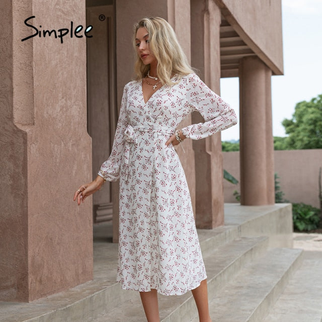 Simplee Elegant Green Leaf Print Dress Sexy Spring Long-sleeved V-neck Women Dresses 2021 Office Wrap Lace-up A-line Vestidos