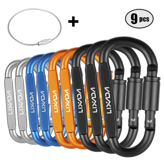 Lixada 9 PCS Survival D-ring Locking Carabiner Clip Set Screw Lock Hanging Hook Buckle Karabiner Camping Climbing Equipment