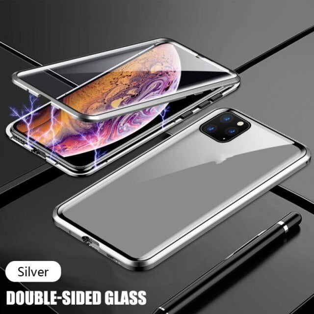 Magnetic Adsorption Case for iPhone 11 Pro Max XS Max XR X Double Sided Tempered Glass Metal Cover for iPhone 12 7 8 Plus Case
