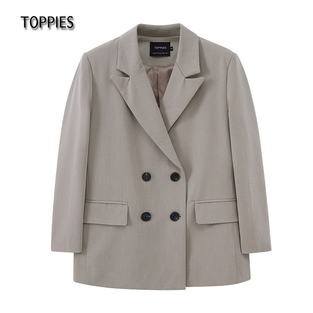 TOPPIES 2021 Womens Long Blazer Double Breasted Suit Jacket Loose Oversize Coat Solid Color Formal Blazer