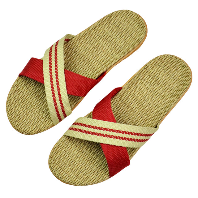 Natural linen slippers summer home indoor sandals men's women's unisex spring and autumn couples landing guests flax Non-slip522