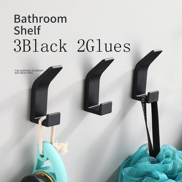 No Drilling Double Hook Black White Towel Hook For Bathroom Clothes Coat Hook Bedroom Robe Hook Livingroom Kitchen Accessories