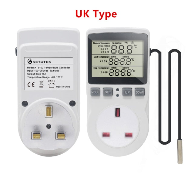 KT3100 Thermostat Digital Temperature Controller Socket Outlet Timer Switch Sensor Heating Cooling 16A 220V for Heat Mat