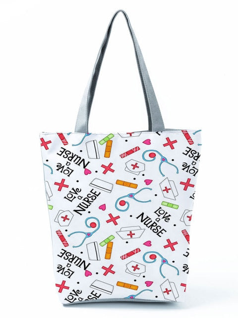 Cartoon Ladies Nurse Printed Handbag Foldable High Capacity Women Shoulder Bag Eco Reusable Shopping Bag Chic Travel Beach Bag