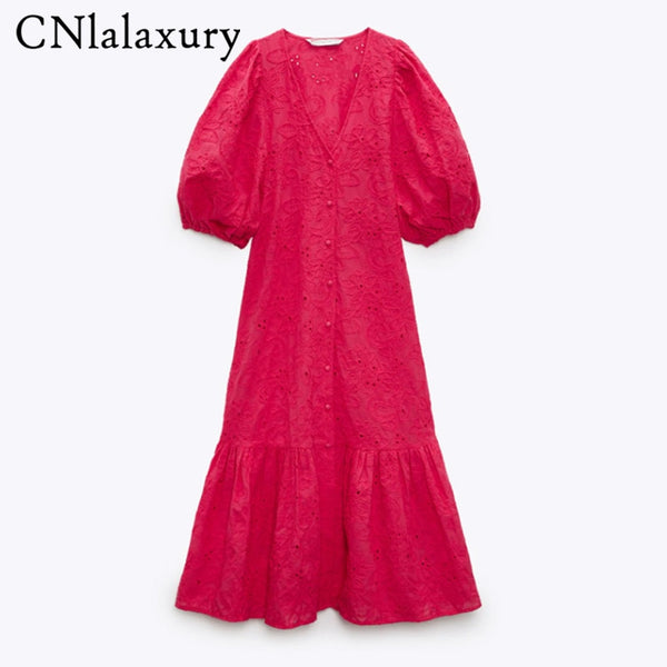 Casual Summer Red Embroidery Cotton Dress V Neck Short Sleeve Hollow Out Ladies Long Dresses for women 2021 Vestidos Robe Femme