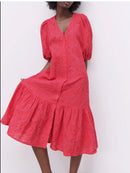 Casual Summer Red Embroidery Cotton Dress V Neck Short Sleeve Hollow Out Ladies Long Dresses for women 2021 Vestidos Robe Femme