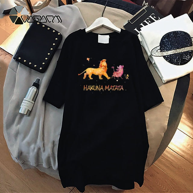 Summer T-Shirt Dress Women Cartoon Print Robe Femme Simba The Lion King Casual Short Sleeve White Tee Dresses Vestidos