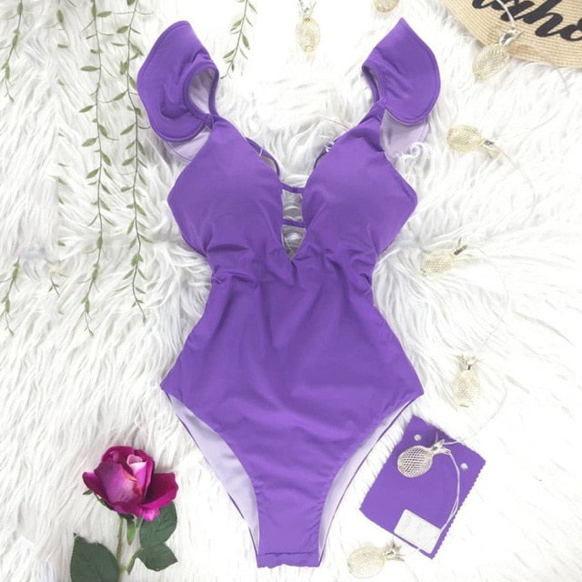 2021 New Sexy Ruffle Print Floral One Piece Swimsuit Off The Shoulder Swimwear Women Solid Deep-V Beachwear Bathing Suit Monkini