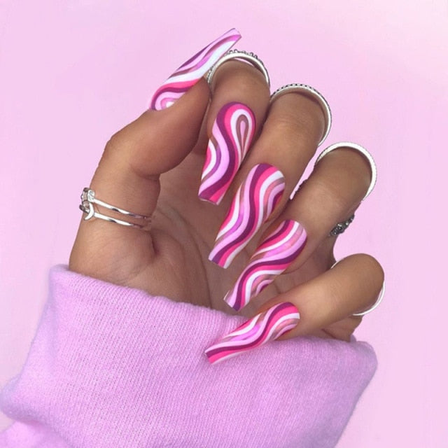 24pc Black Border Wear Long Paragraph Fashion Manicure Patch False Nail Full Cover Wearable Coffin Fake Nail Matte Ballerina Art