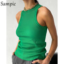 Sampic Knitted Summer Ribber Sleevless T Shirt Tops Women Casual Khaki White Crop Tops 2021 Club Short Skinny Tank Tops Fashion