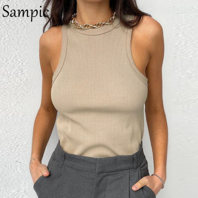 Sampic Knitted Summer Ribber Sleevless T Shirt Tops Women Casual Khaki White Crop Tops 2021 Club Short Skinny Tank Tops Fashion