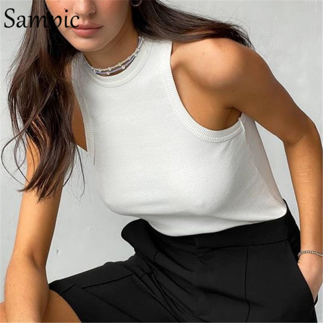 Sampic Knitted Summer Ribber Sleevless T Shirt Tops Women Casual Khaki White Crop Tops 2021 Club Short Skinny Tank Tops Fashion