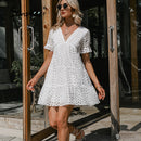 Simplee Sexy v-neck lace stitching white dress 2021 summer new Short-sleeve solid women dress casual Fashion boho A-line dress