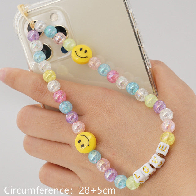 HANGZHI 2021 New Colorful Acrylic Bead Smile Mobile Phone Chain CellPhone Strap Anti-Lost Lanyard For Women Summer Jewelry