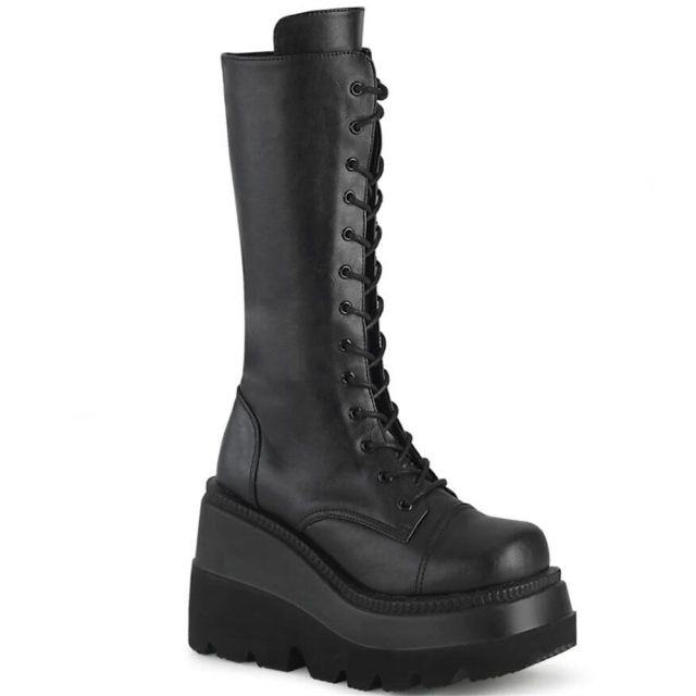 2021 Big Size 43 Gothic Style Black Wedges High Heels Platform Trendy Cool Autumn Winter Motorcycles Boots Shoes Women Footwear