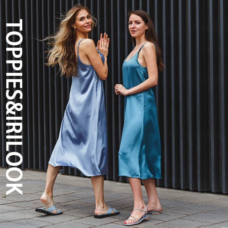 Toppies 2021 Women Satin Dress Party Luxury Shiny Sundress Sexy Imitation Silk Fashion Ladies Dress